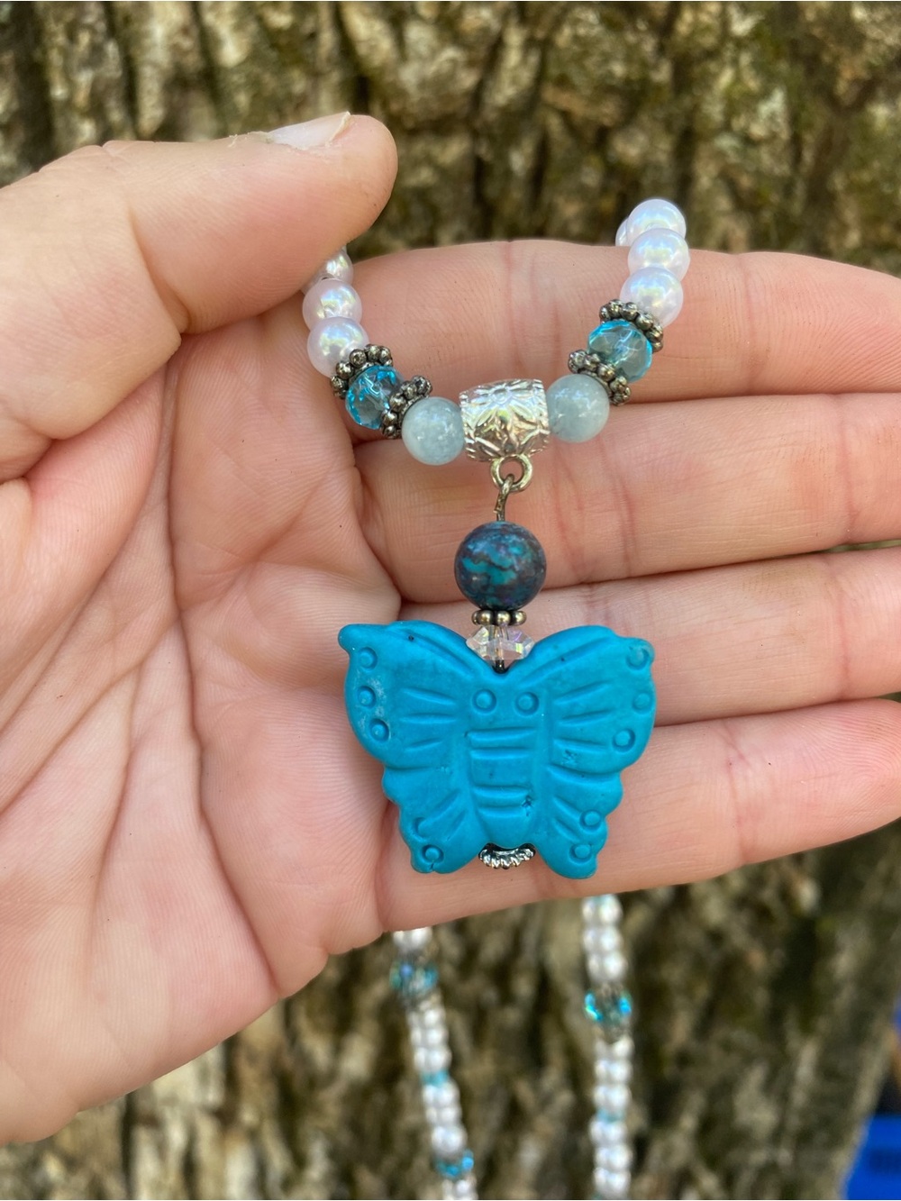 Handcrafted Artisan Turquoise Butterfly Pendant Necklace Mixed Media - Picture 12 of 14